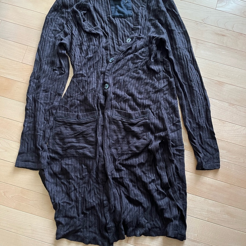Dark Brown Ribbed Button-Front Long Cardigan - Picture 1 of 3
